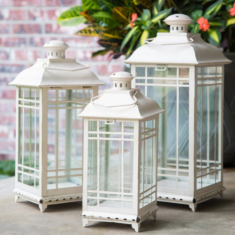 Set Of 3 Antique White Candle Lanterns - 14 3 Set Of 3 Antique White Candle Lanterns - 14