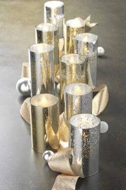 Moving Flame 6 Inch Silver Mercury Glass Flameless Cylinder Candle -Timer -Home Decoration Onsale merc glass candles gold silver