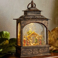 11 Inch Lighted Water Lantern Traditional Nativity Scene With Swirling Glitter - Timer