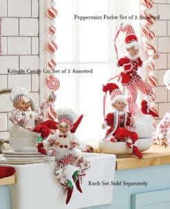 Peppermint Parlor 16 Inch Posable Elf Figurine, Set Of 2 Assorted NEW -Home Decoration Onsale peppermint and kringle