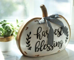 Set Of 3 Assorted Resin Harvest Pumpkin Signs With Black And White Checked Bow 8.2 Inch -Home Decoration Onsale pumpkin harvest blessings