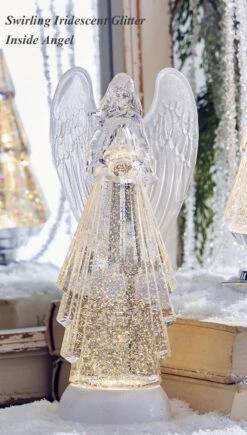 13 Inch Lighted Angel With Silver Swirling Glitter Water Lantern - Timer
